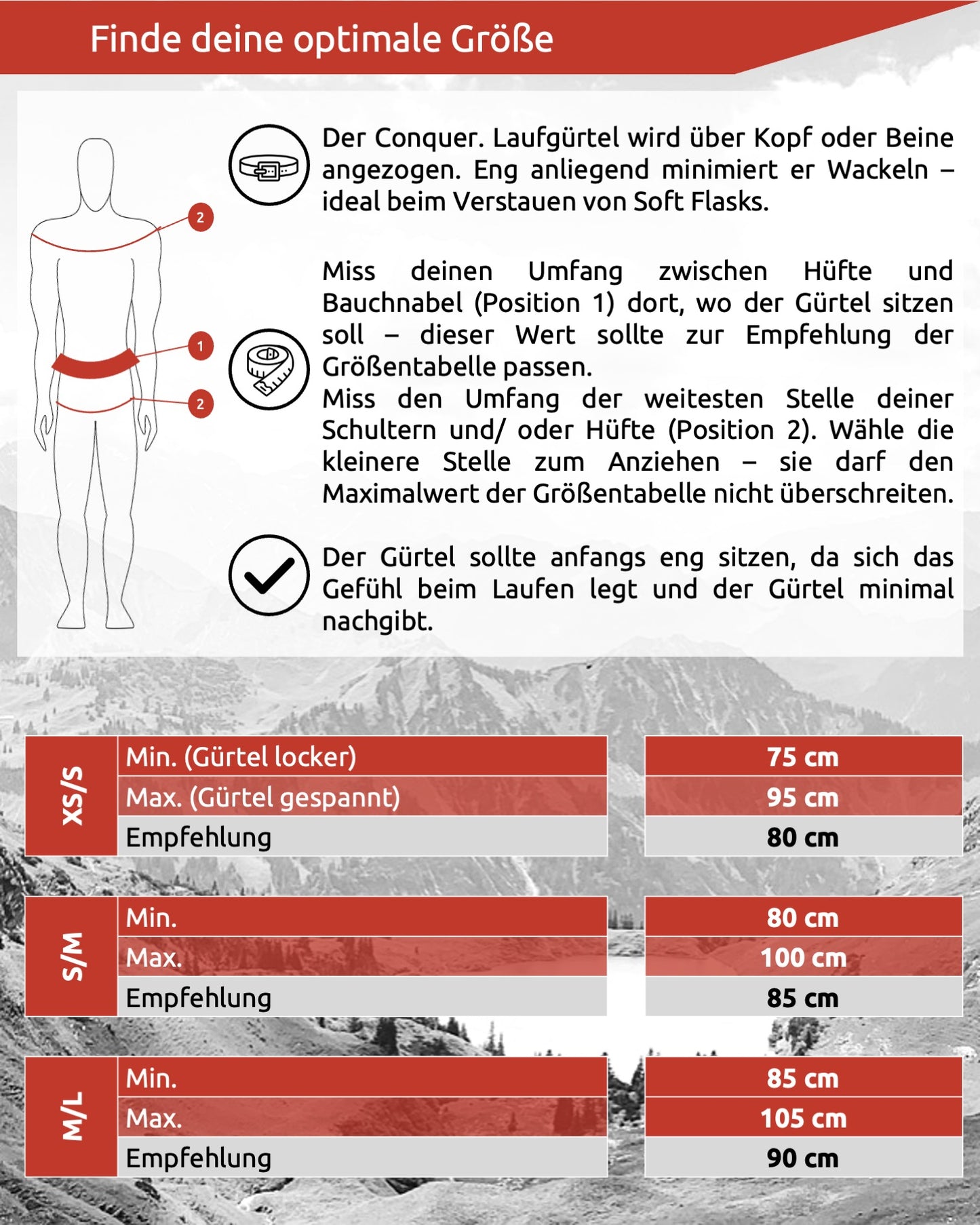 Größentabelle für Conquer. Laufgürtel
