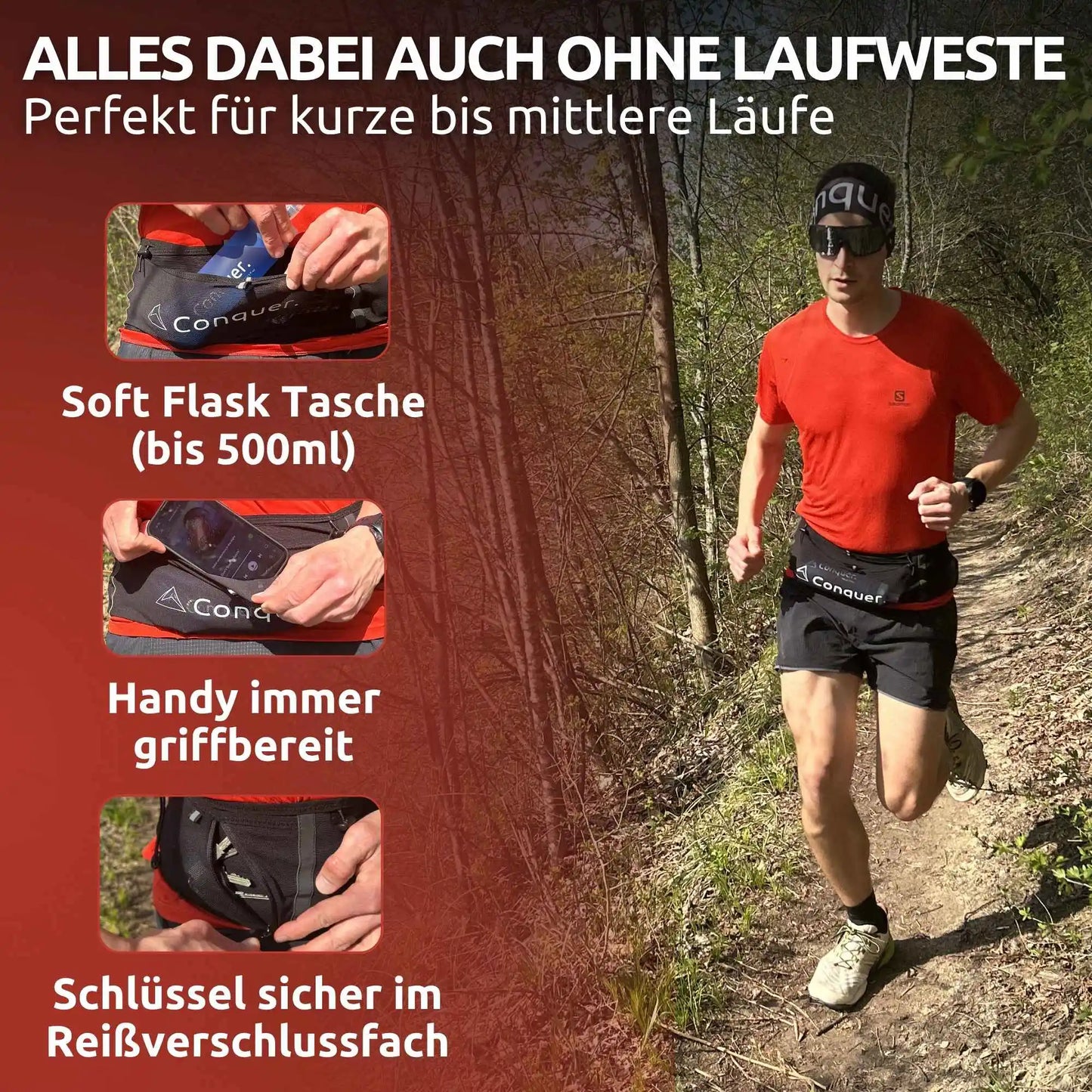 Conquer. Laufgürtel als leichte Alternative zur Laufweste – Running Belt für Handy, Schlüssel und Trinkflasche
