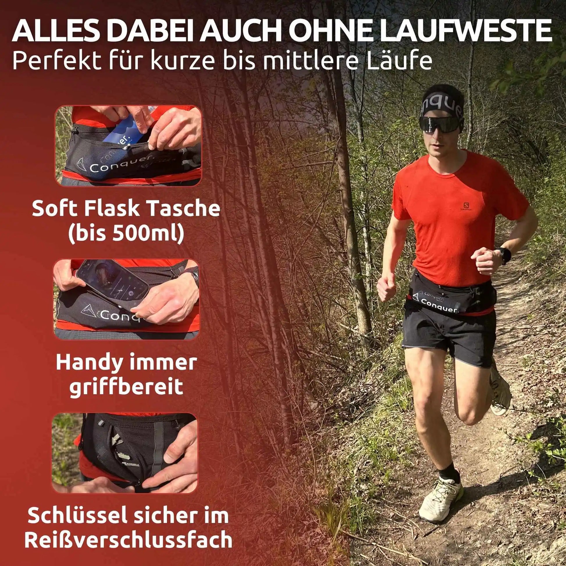 Conquer. Laufgürtel als leichte Alternative zur Laufweste – Running Belt für Handy, Schlüssel und Trinkflasche