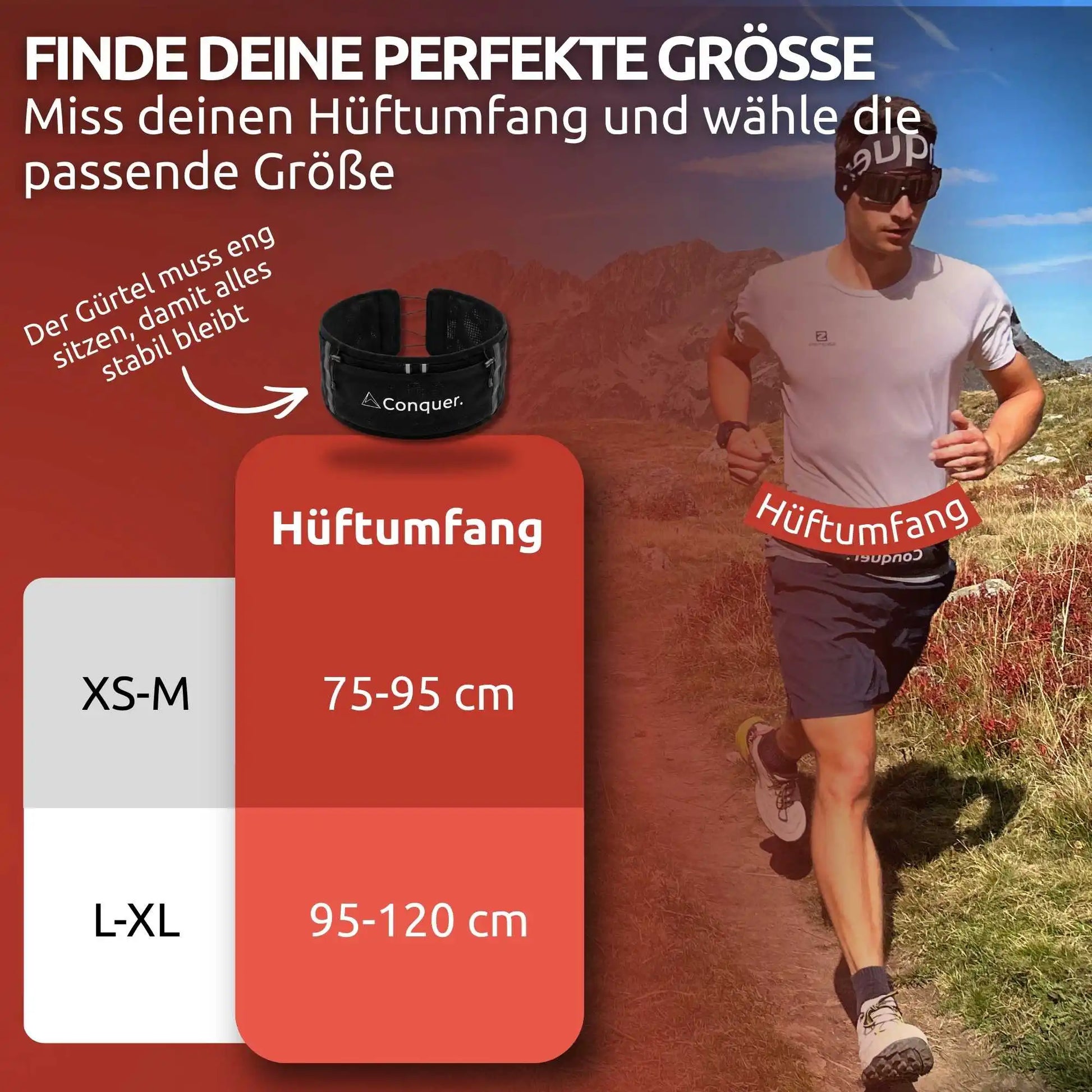 Conquer. Laufgürtel Größentabelle – optimale Passform durch verstellbaren Running Belt für Damen und Herren