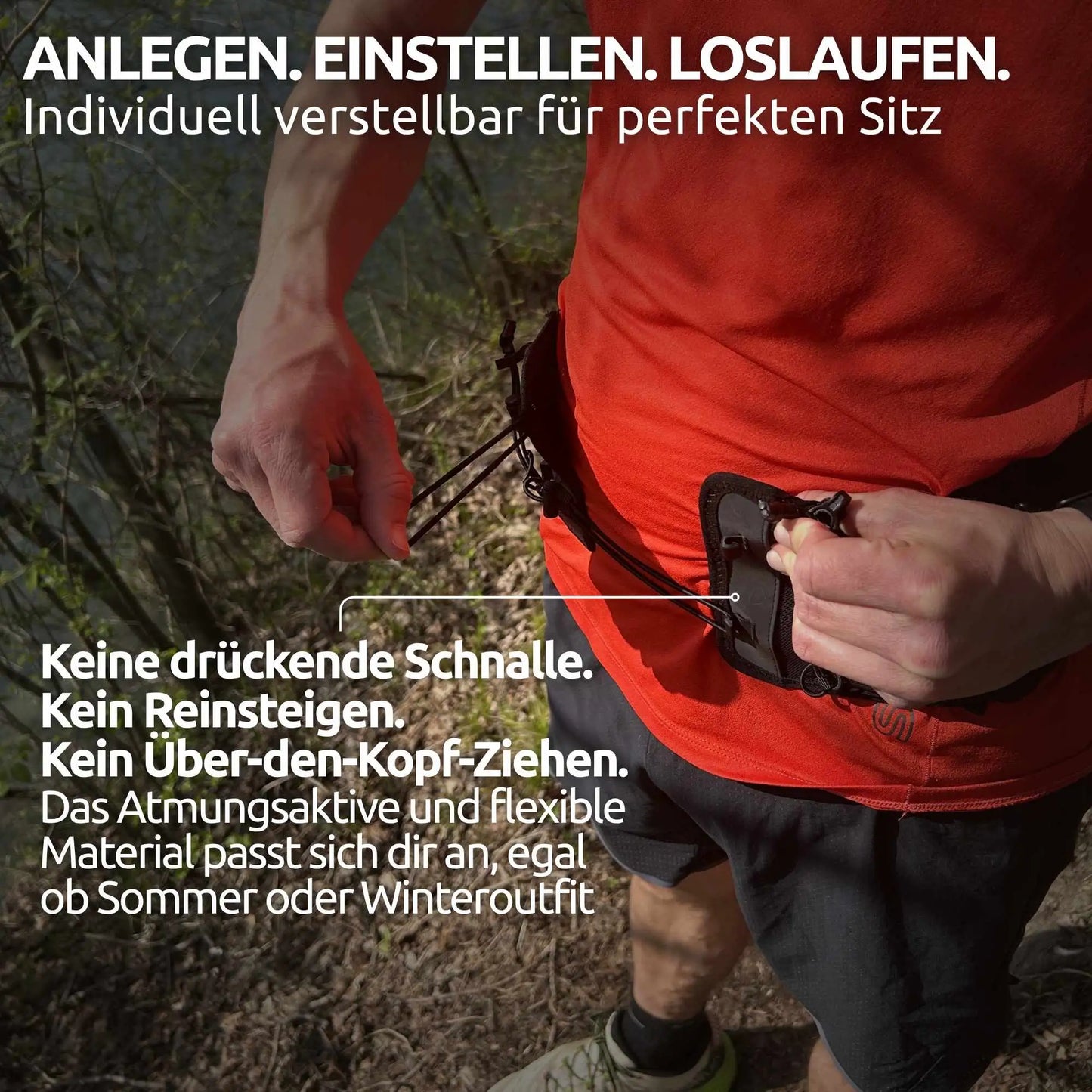 Conquer. Laufgürtel mit verstellbarem Flex-Verschlusssystem – individuell anpassbarer Running Belt ohne Schnalle für optimalen Sitz