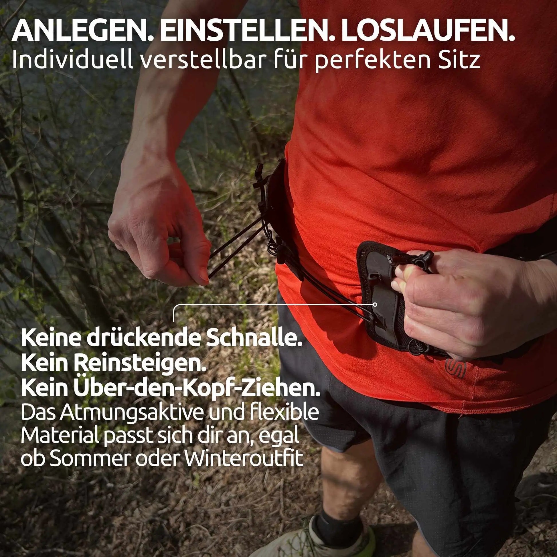 Conquer. Laufgürtel mit verstellbarem Flex-Verschlusssystem – individuell anpassbarer Running Belt ohne Schnalle für optimalen Sitz