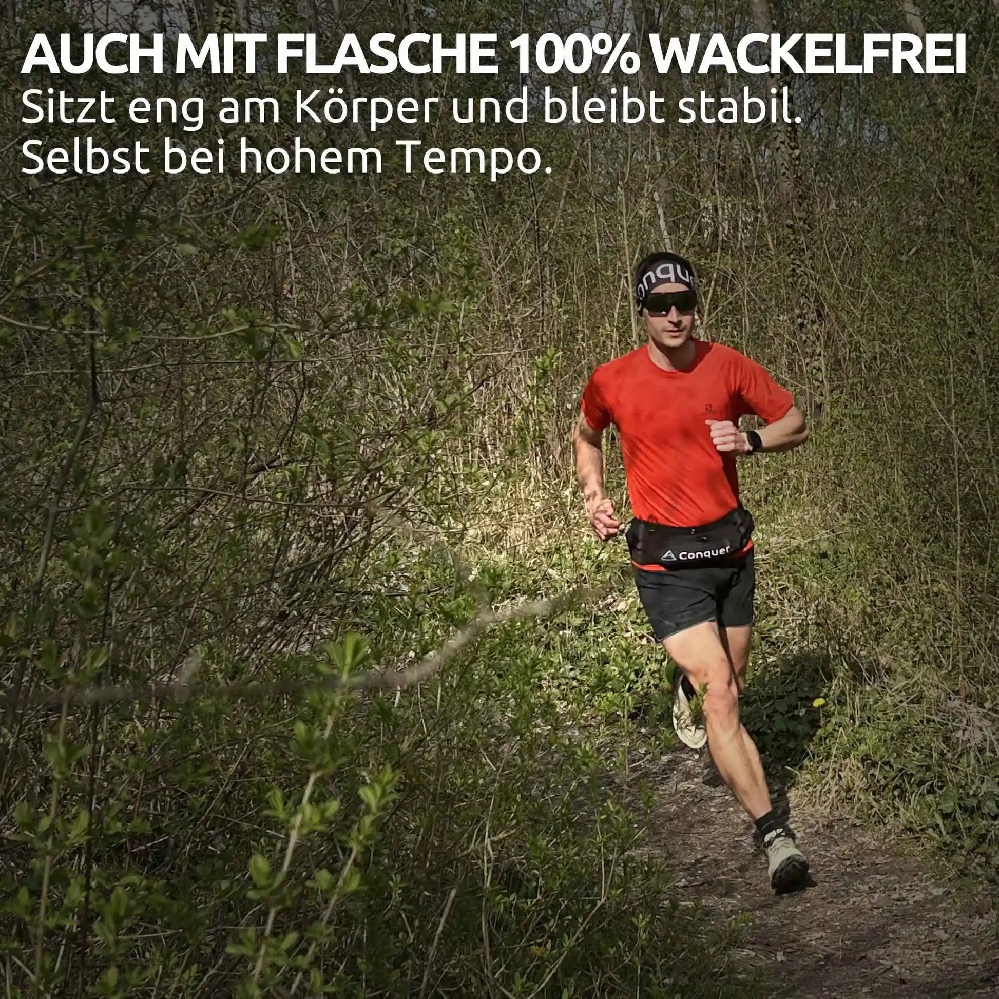 Conquer. Laufgürtel mit Trinkflasche – stabiler Running Belt für Joggen und Trailrunning mit sicherem Sitz ohne Wackeln