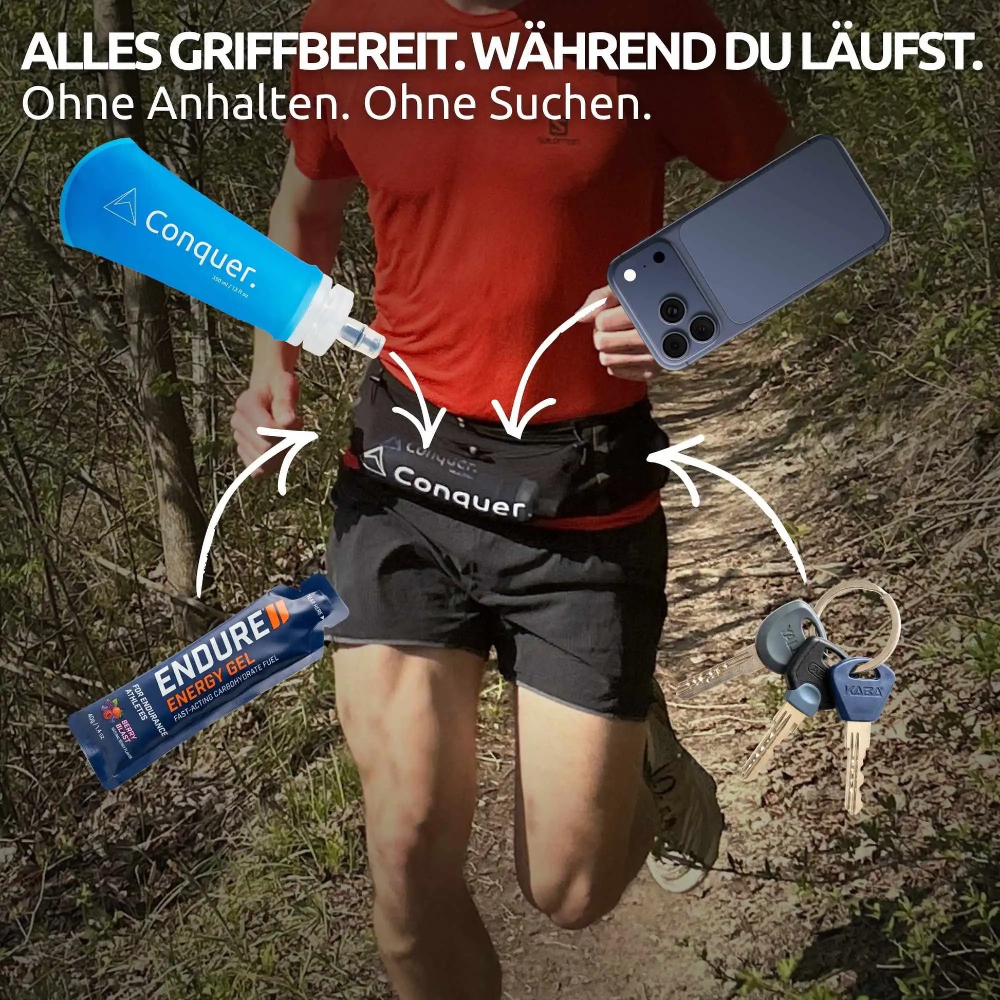 Conquer. Laufgürtel mit viel Stauraum – Running Belt mit Handyfach, Reißverschlussfach und Platz für Schlüssel und Snacks