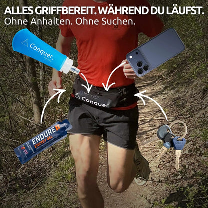 Conquer. Laufgürtel mit viel Stauraum – Running Belt mit Handyfach, Reißverschlussfach und Platz für Schlüssel und Snacks
