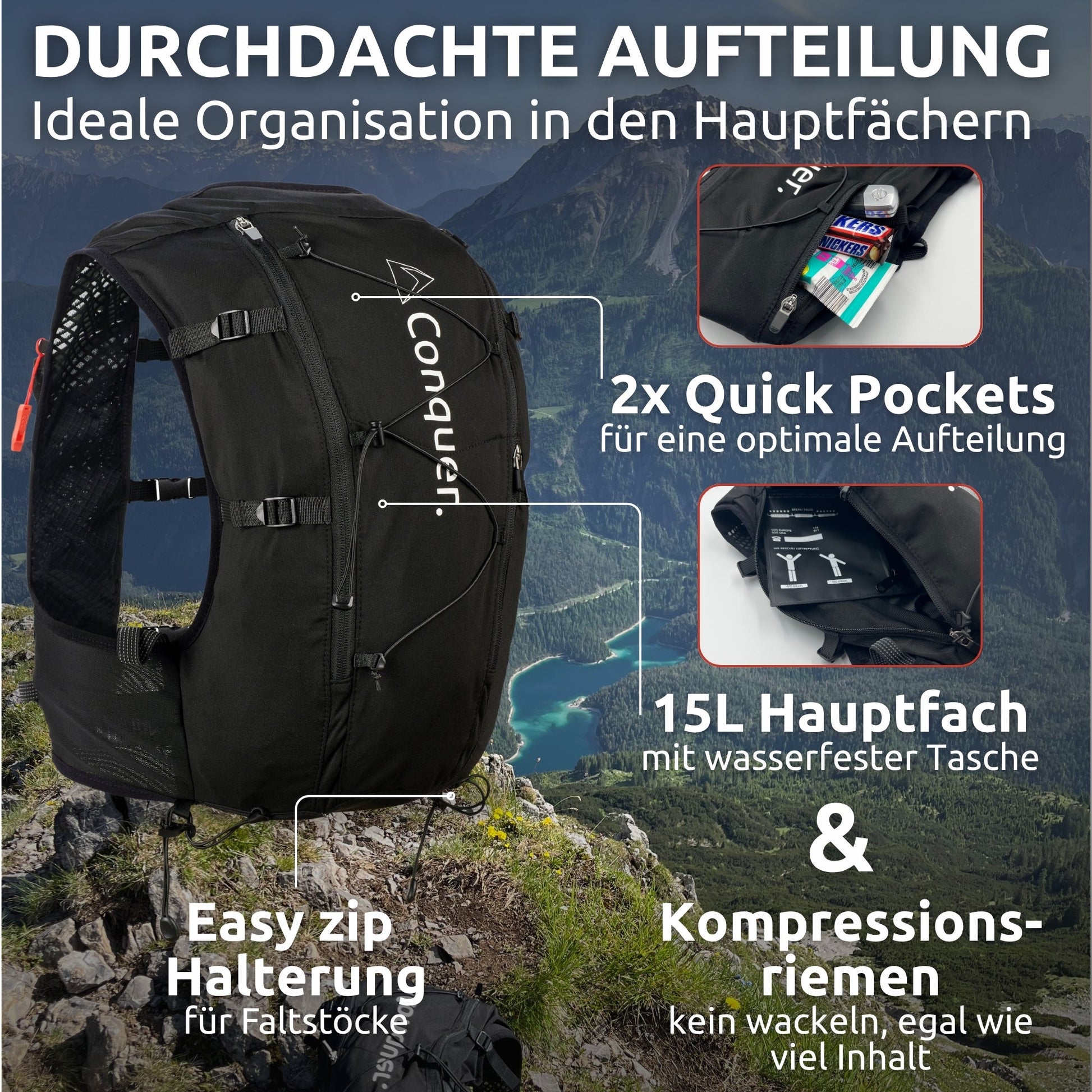 Laufweste 15L mit Trinkblase & 2x Flasks für Herren/ Damen - Conquer.