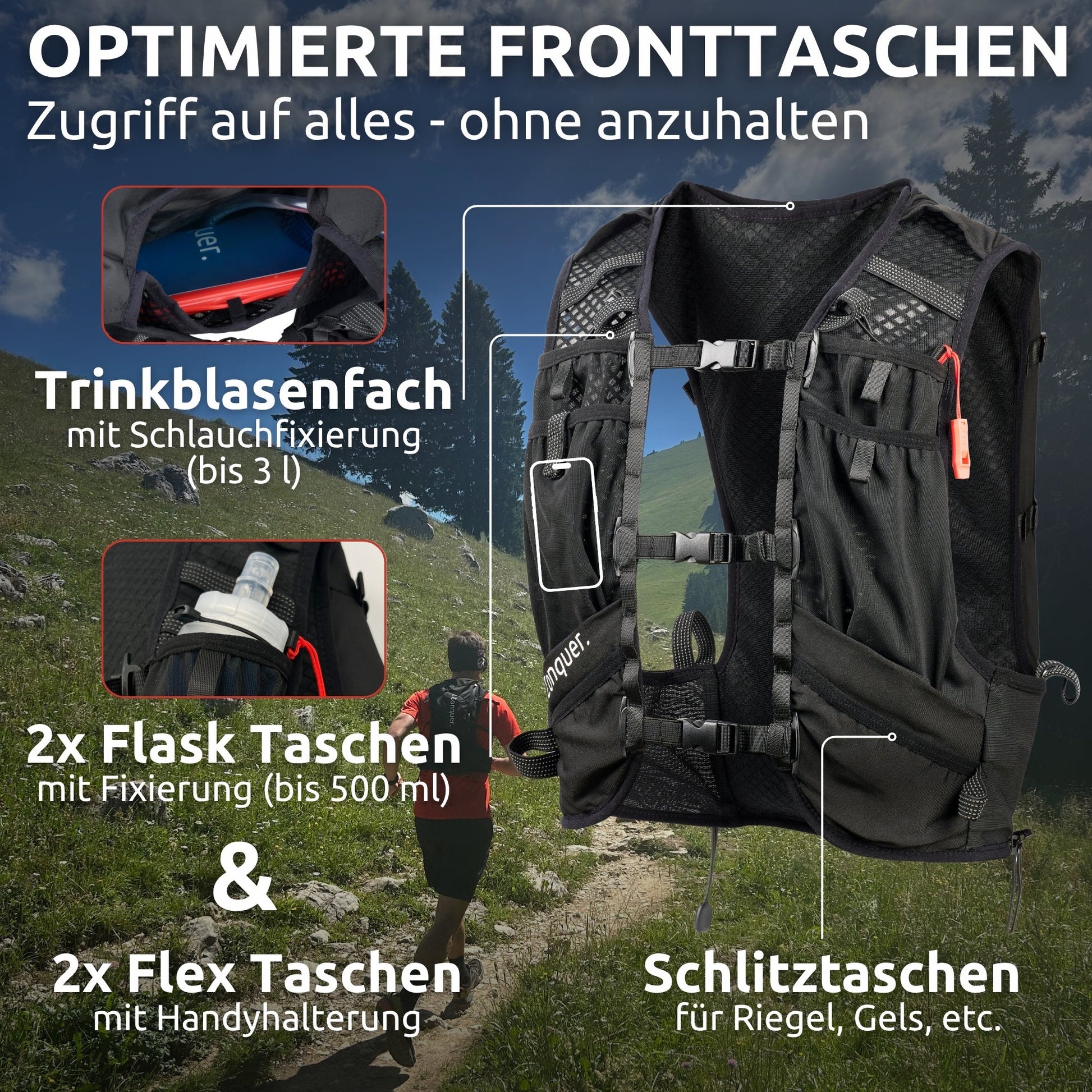 Laufweste 15L mit Trinkblase & 2x Flasks für Herren/ Damen - Conquer.